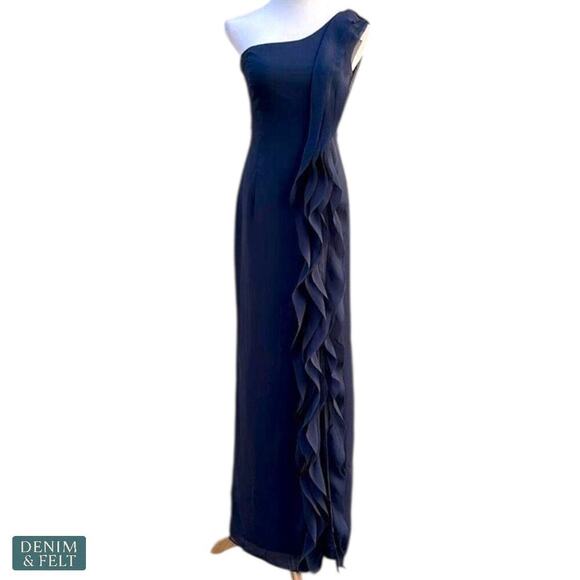 Vera Wang White Navy One Shoulder Ruffle Slit Formal Evening Gown Wedding Dress - Picture 3 of 13